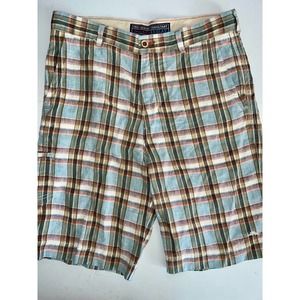 TOMMY BAHAMA SHORTS RELAX LT BLUE PINK BROWN PLAID LINEN FLAT FRONT 34